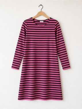 Vintage Marimekko Tasaraita Stripe Shift Dress Pink Brown Long Sleeve Finland, S